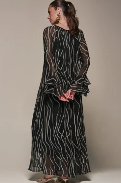 Jolie Moi Occasion Dresses|Long Sleeved Dresses-Chiffon Long Sleeve Shift Maxi Dress, Black Spot