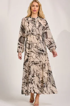Jolie Moi Wedding Guest|Wedding Guest-Chiffon Long Sleeve Tiered Maxi Dress, Beige Pattern