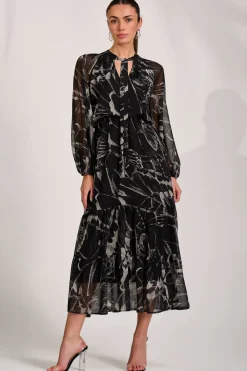 Jolie Moi Occasion Dresses|Office Dresses-Chiffon Long Sleeve Tiered Maxi Dress, Black Pattern