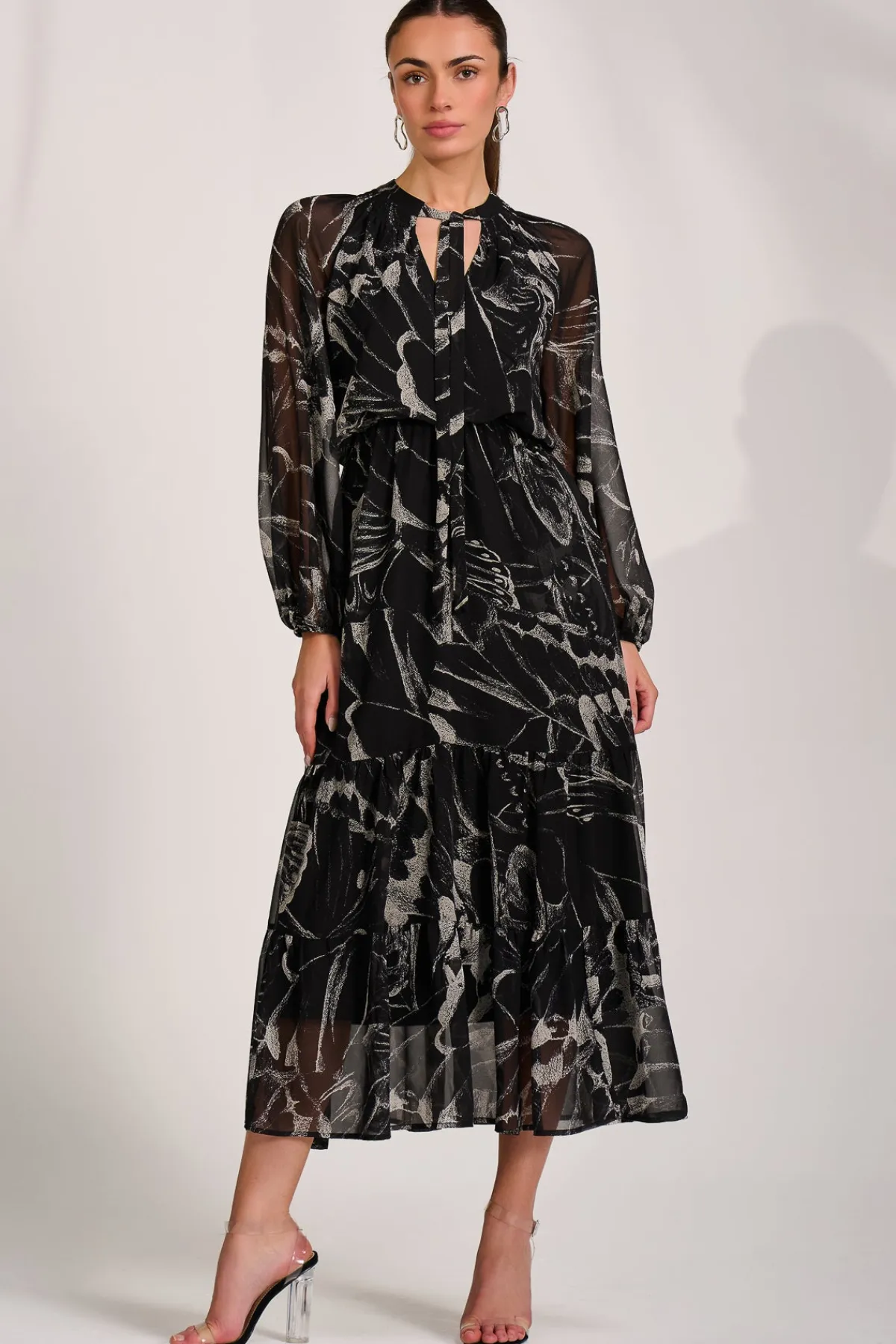 Jolie Moi Occasion Dresses|Office Dresses-Chiffon Long Sleeve Tiered Maxi Dress, Black Pattern