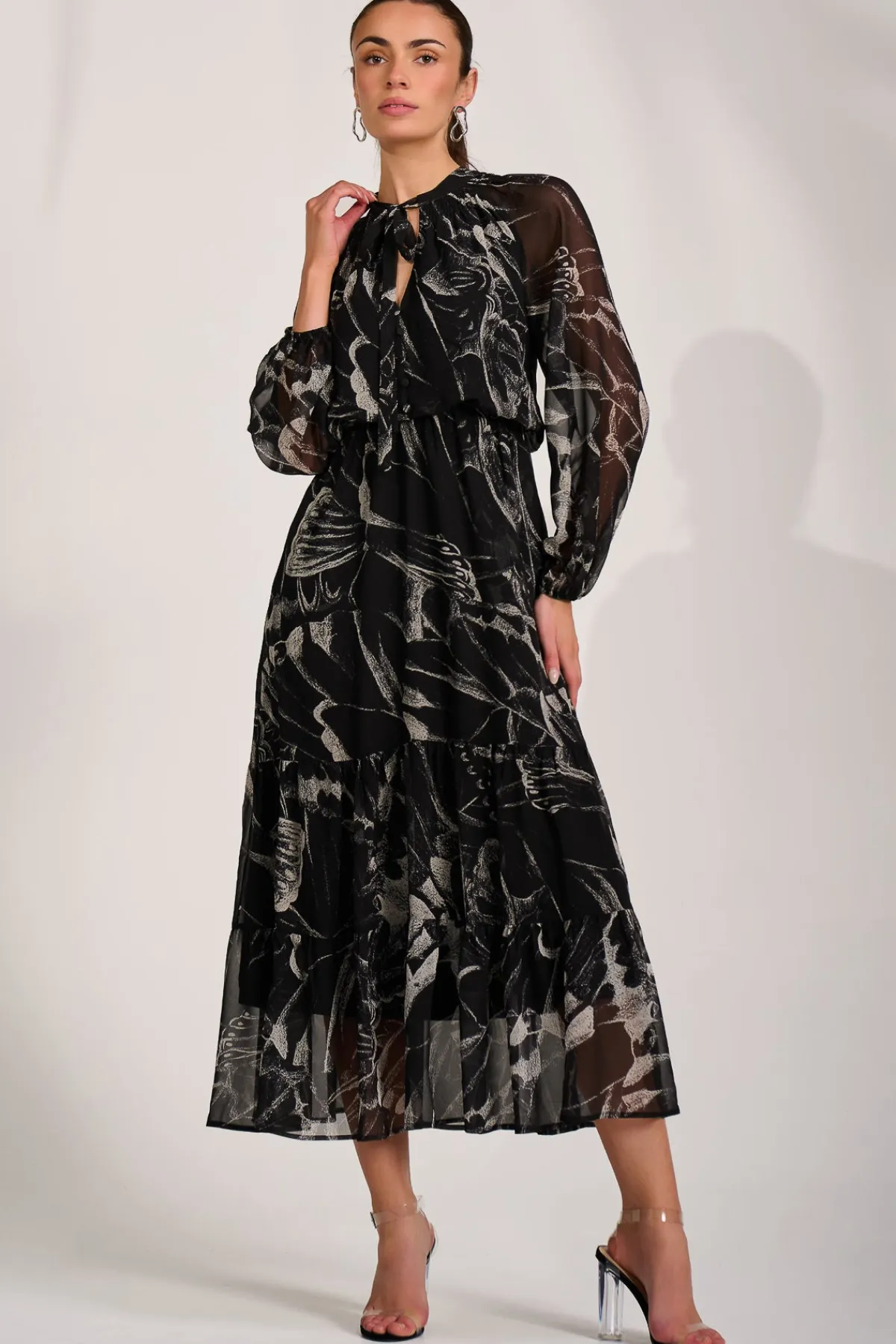 Jolie Moi Occasion Dresses|Office Dresses-Chiffon Long Sleeve Tiered Maxi Dress, Black Pattern