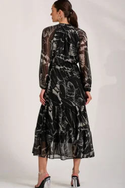 Jolie Moi Occasion Dresses|Office Dresses-Chiffon Long Sleeve Tiered Maxi Dress, Black Pattern