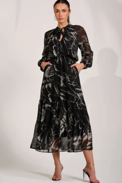 Jolie Moi Occasion Dresses|Office Dresses-Chiffon Long Sleeve Tiered Maxi Dress, Black Pattern