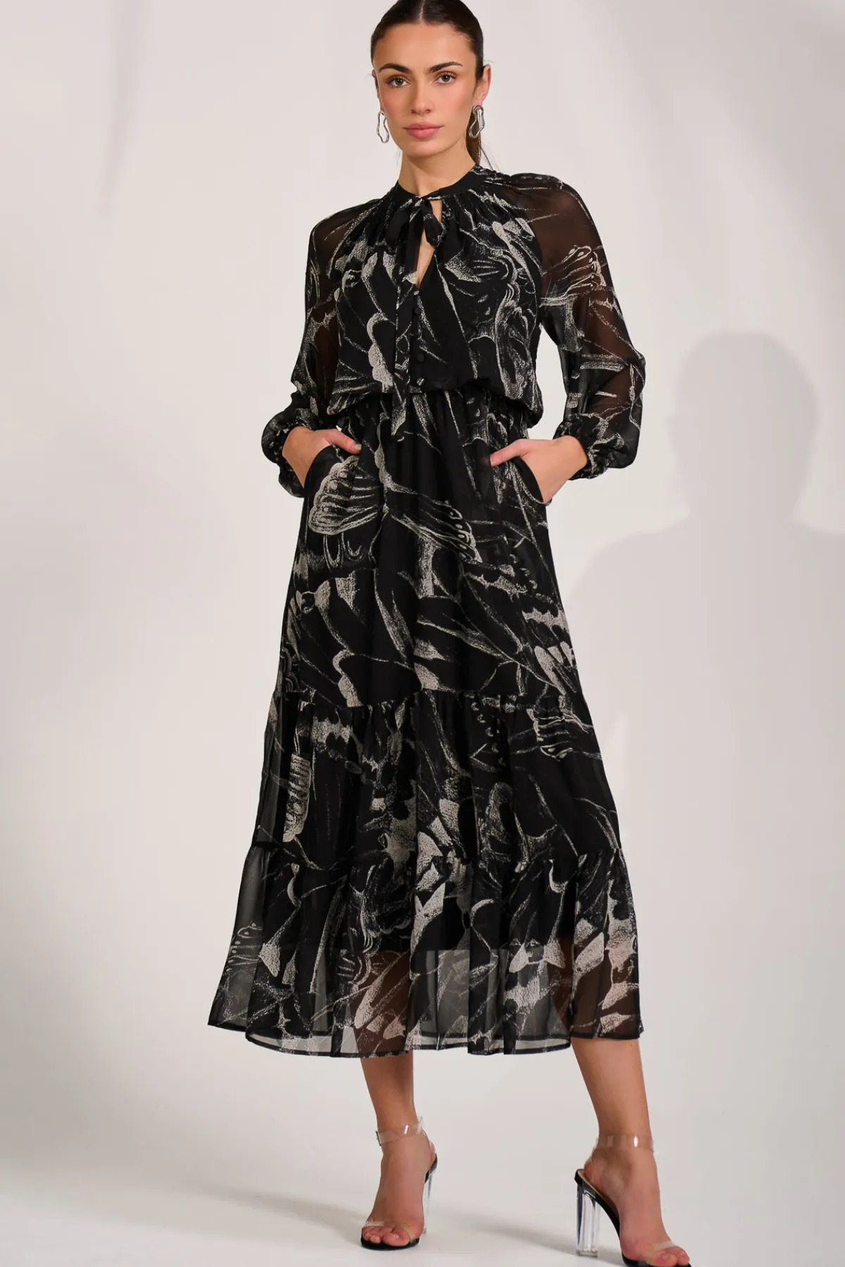 Jolie Moi Occasion Dresses|Office Dresses-Chiffon Long Sleeve Tiered Maxi Dress, Black Pattern