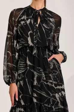 Jolie Moi Occasion Dresses|Office Dresses-Chiffon Long Sleeve Tiered Maxi Dress, Black Pattern