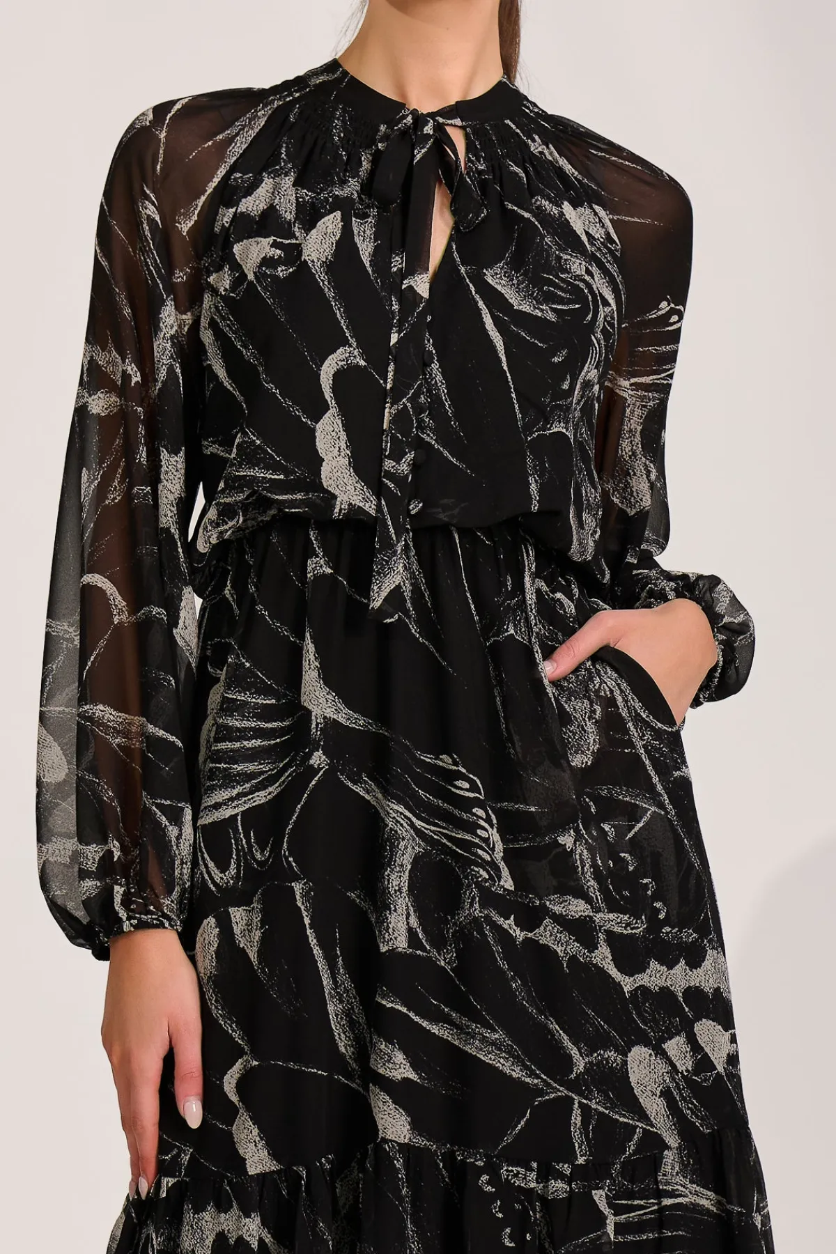 Jolie Moi Occasion Dresses|Office Dresses-Chiffon Long Sleeve Tiered Maxi Dress, Black Pattern