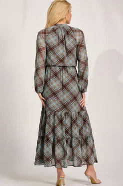 Jolie Moi Occasion Dresses|Wedding Guest-Chiffon Long Sleeve Tiered Maxi Dress, Brown Check