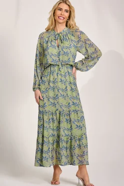 Jolie Moi Occasion Dresses|Wedding Guest-Chiffon Long Sleeve Tiered Maxi Dress, Green Multi