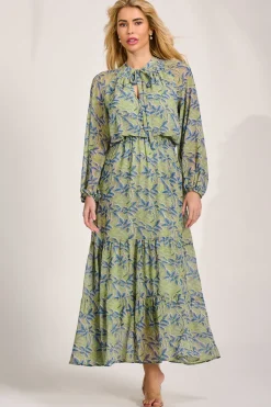 Jolie Moi Occasion Dresses|Wedding Guest-Chiffon Long Sleeve Tiered Maxi Dress, Green Multi