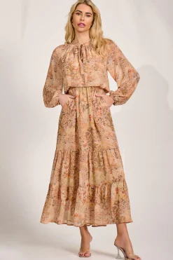 Jolie Moi Occasion Dresses|Wedding Guest-Chiffon Long Sleeve Tiered Maxi Dress, Orange Multi