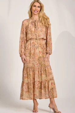 Jolie Moi Occasion Dresses|Wedding Guest-Chiffon Long Sleeve Tiered Maxi Dress, Orange Multi