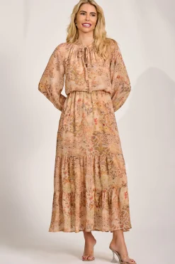 Jolie Moi Occasion Dresses|Wedding Guest-Chiffon Long Sleeve Tiered Maxi Dress, Orange Multi