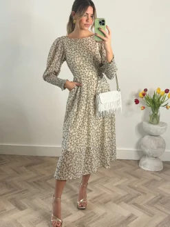 Jolie Moi Occasion Dresses|Long Sleeved Dresses-Chiffon Maxi Dress with Shirred Cuffs, Beige Floral