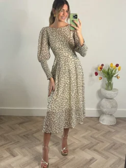Jolie Moi Occasion Dresses|Long Sleeved Dresses-Chiffon Maxi Dress with Shirred Cuffs, Beige Floral