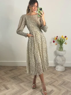 Jolie Moi Occasion Dresses|Long Sleeved Dresses-Chiffon Maxi Dress with Shirred Cuffs, Beige Floral