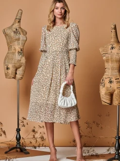 Jolie Moi Occasion Dresses|Long Sleeved Dresses-Chiffon Maxi Dress with Shirred Cuffs, Beige Floral