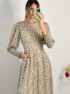 Jolie Moi Occasion Dresses|Long Sleeved Dresses-Chiffon Maxi Dress with Shirred Cuffs, Beige Floral
