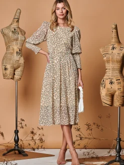 Jolie Moi Occasion Dresses|Long Sleeved Dresses-Chiffon Maxi Dress with Shirred Cuffs, Beige Floral