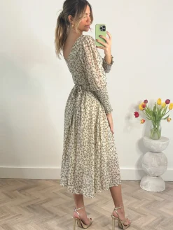 Jolie Moi Occasion Dresses|Long Sleeved Dresses-Chiffon Maxi Dress with Shirred Cuffs, Beige Floral