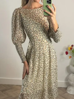 Jolie Moi Occasion Dresses|Long Sleeved Dresses-Chiffon Maxi Dress with Shirred Cuffs, Beige Floral