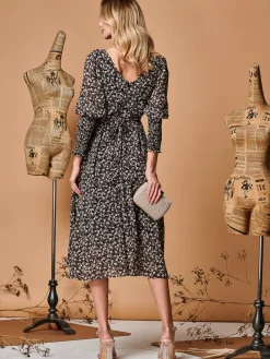 Jolie Moi Occasion Dresses|Long Sleeved Dresses-Chiffon Maxi Dress with Shirred Cuffs, Black Ditsy