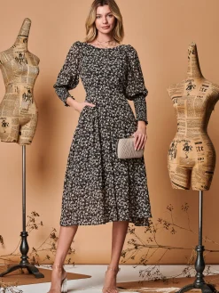 Jolie Moi Occasion Dresses|Long Sleeved Dresses-Chiffon Maxi Dress with Shirred Cuffs, Black Ditsy