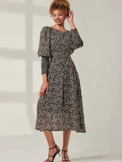 Jolie Moi Occasion Dresses|Long Sleeved Dresses-Chiffon Maxi Dress with Shirred Cuffs, Black Ditsy