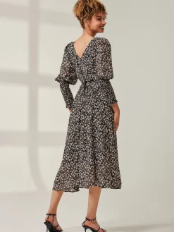 Jolie Moi Occasion Dresses|Long Sleeved Dresses-Chiffon Maxi Dress with Shirred Cuffs, Black Ditsy