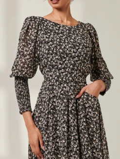 Jolie Moi Occasion Dresses|Long Sleeved Dresses-Chiffon Maxi Dress with Shirred Cuffs, Black Ditsy