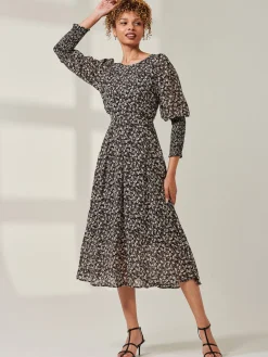 Jolie Moi Occasion Dresses|Long Sleeved Dresses-Chiffon Maxi Dress with Shirred Cuffs, Black Ditsy