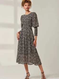 Jolie Moi Occasion Dresses|Long Sleeved Dresses-Chiffon Maxi Dress with Shirred Cuffs, Black Ditsy