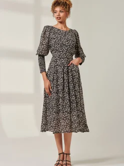Jolie Moi Occasion Dresses|Long Sleeved Dresses-Chiffon Maxi Dress with Shirred Cuffs, Black Ditsy