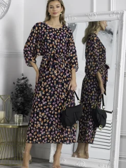 Jolie Moi Occasion Dresses|Mesh Dresses-Chiffon Pleated Batwing Sleeve Maxi Dress, Navy Floral