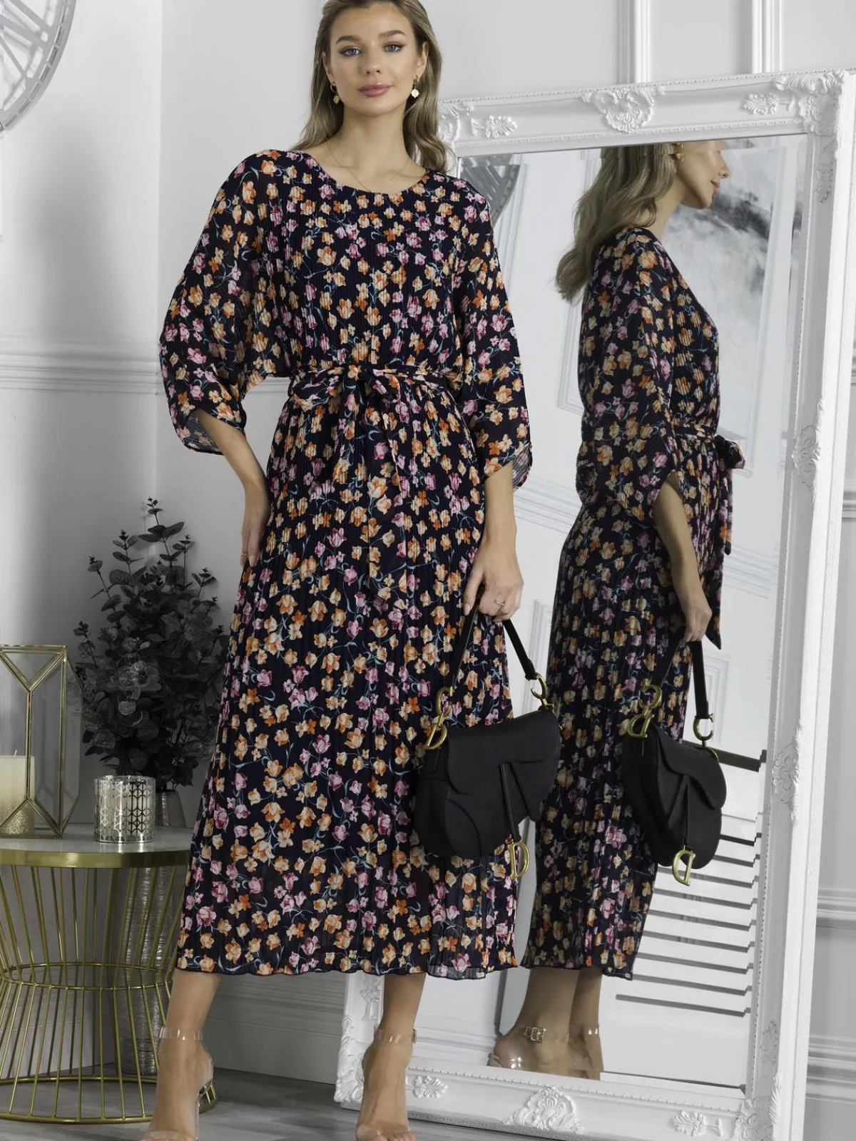 Jolie Moi Occasion Dresses|Mesh Dresses-Chiffon Pleated Batwing Sleeve Maxi Dress, Navy Floral
