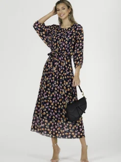 Jolie Moi Occasion Dresses|Mesh Dresses-Chiffon Pleated Batwing Sleeve Maxi Dress, Navy Floral