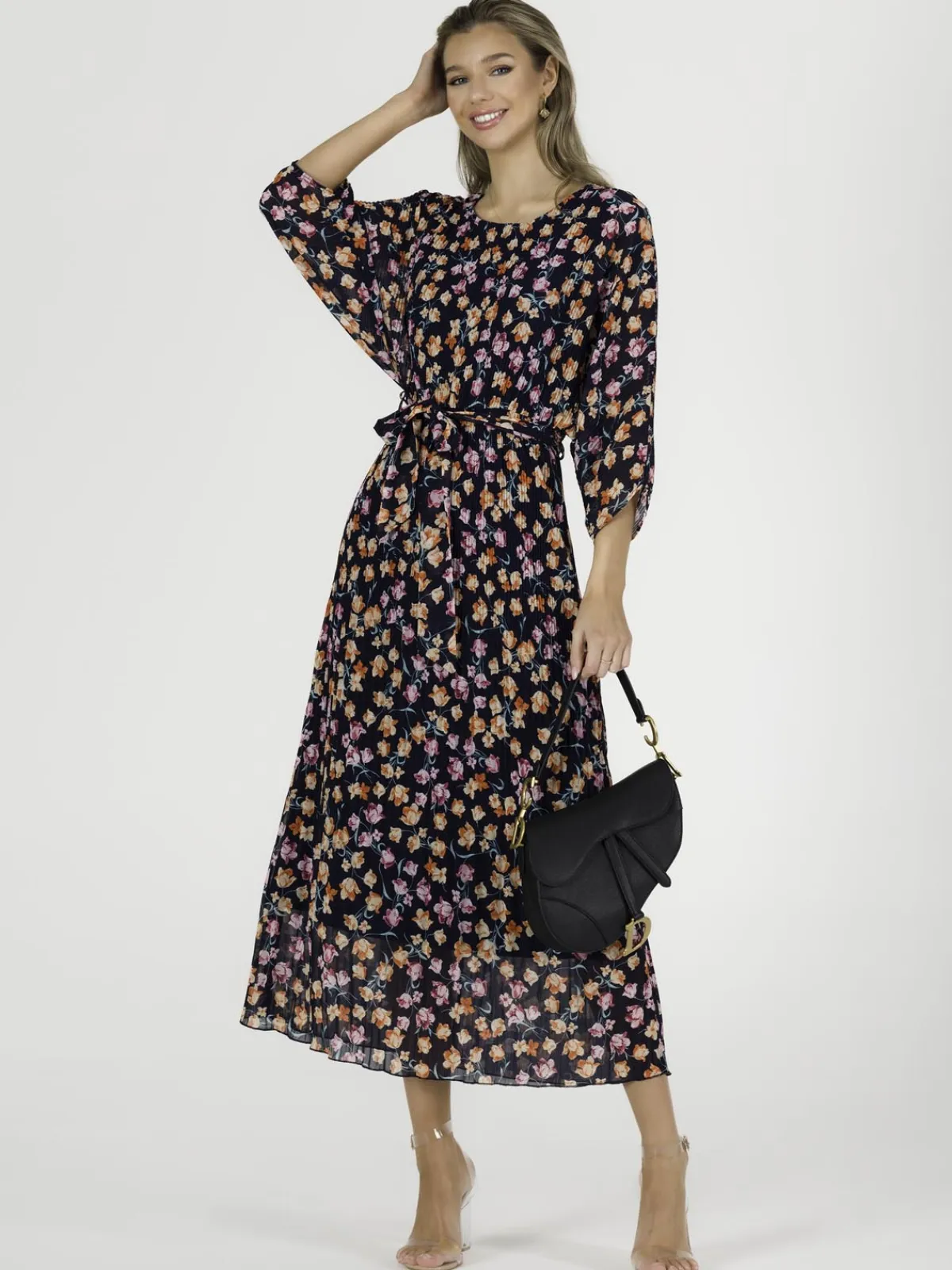 Jolie Moi Occasion Dresses|Mesh Dresses-Chiffon Pleated Batwing Sleeve Maxi Dress, Navy Floral