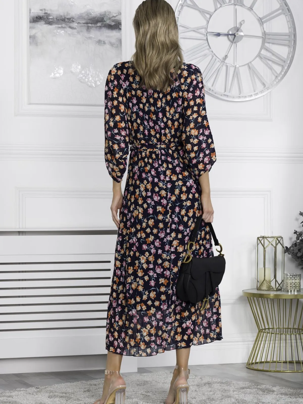 Jolie Moi Occasion Dresses|Mesh Dresses-Chiffon Pleated Batwing Sleeve Maxi Dress, Navy Floral