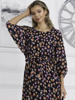 Jolie Moi Occasion Dresses|Mesh Dresses-Chiffon Pleated Batwing Sleeve Maxi Dress, Navy Floral