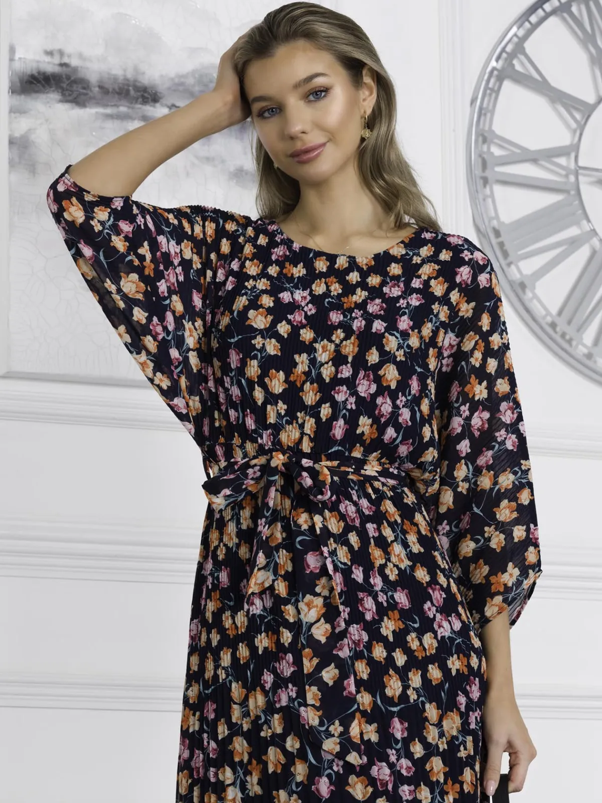 Jolie Moi Occasion Dresses|Mesh Dresses-Chiffon Pleated Batwing Sleeve Maxi Dress, Navy Floral
