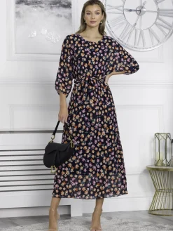 Jolie Moi Occasion Dresses|Mesh Dresses-Chiffon Pleated Batwing Sleeve Maxi Dress, Navy Floral