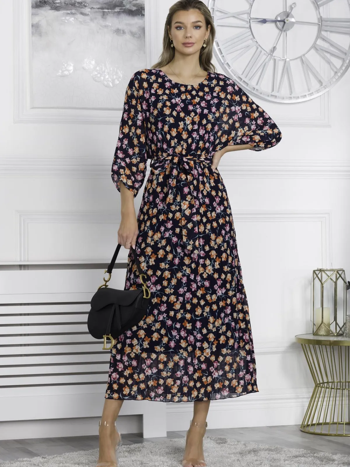 Jolie Moi Occasion Dresses|Mesh Dresses-Chiffon Pleated Batwing Sleeve Maxi Dress, Navy Floral