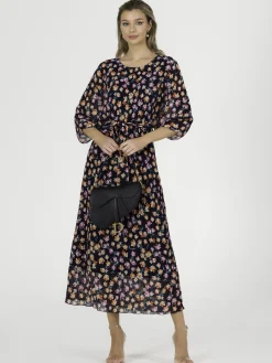 Jolie Moi Occasion Dresses|Mesh Dresses-Chiffon Pleated Batwing Sleeve Maxi Dress, Navy Floral