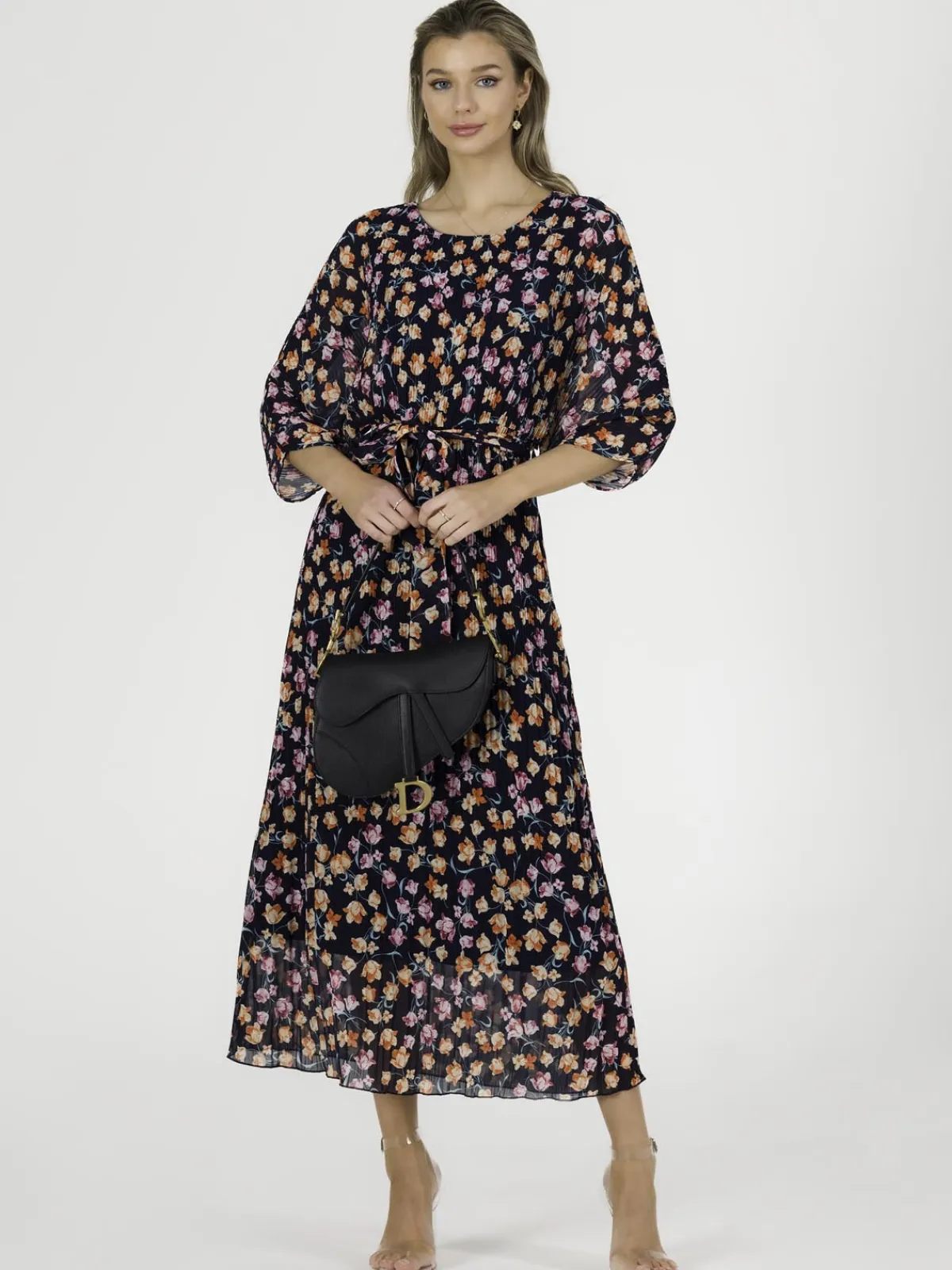 Jolie Moi Occasion Dresses|Mesh Dresses-Chiffon Pleated Batwing Sleeve Maxi Dress, Navy Floral