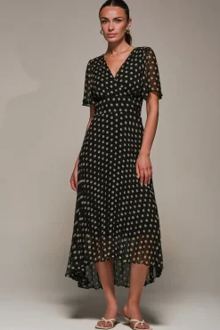 Jolie Moi Occasion Dresses|Maxi Dresses-Chiffon Pleated Dip Hem Maxi Dress, Black Spot