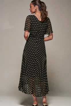 Jolie Moi Occasion Dresses|Maxi Dresses-Chiffon Pleated Dip Hem Maxi Dress, Black Spot