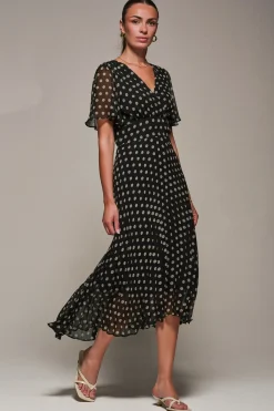 Jolie Moi Occasion Dresses|Maxi Dresses-Chiffon Pleated Dip Hem Maxi Dress, Black Spot