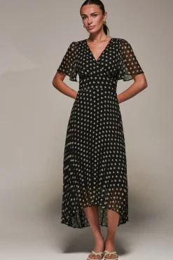 Jolie Moi Occasion Dresses|Maxi Dresses-Chiffon Pleated Dip Hem Maxi Dress, Black Spot
