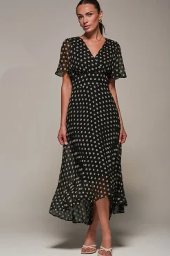 Jolie Moi Occasion Dresses|Maxi Dresses-Chiffon Pleated Dip Hem Maxi Dress, Black Spot