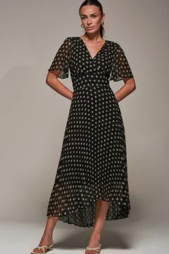 Jolie Moi Occasion Dresses|Maxi Dresses-Chiffon Pleated Dip Hem Maxi Dress, Black Spot