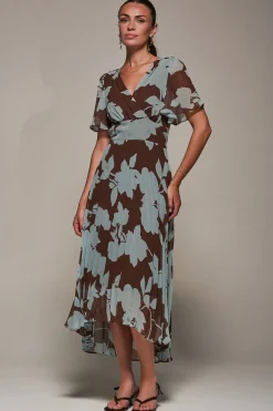 Jolie Moi Occasion Dresses|Floral Dresses-Chiffon Pleated Dip Hem Maxi Dress, Brown Floral